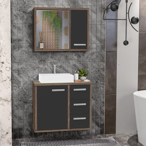 Gabinete para Banheiro com Tampo de Vidro Cuba de Sobrepor e Espelheira 60cm Turin Preto/Avelato
