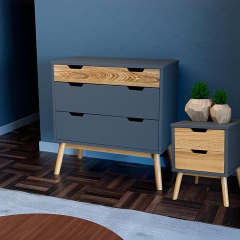 Cômoda e Mesa de Cabeceira Lara Cinza/Pinus Cera