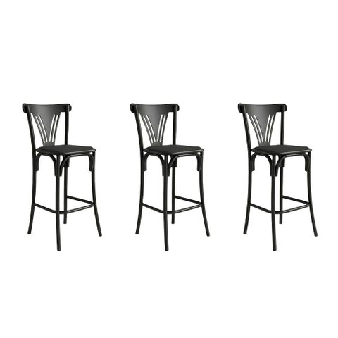 Kit 3 Banquetas Altas Paris em Aço Preto para Cozinha e Bancada Gourmet com Assento Corino - Preto
