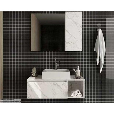 Armário C/ Balcão Banheiro Suspenso Bn3601 Cuba Bn3600 80cm e Espelho Bn3602 Mármore Branco -