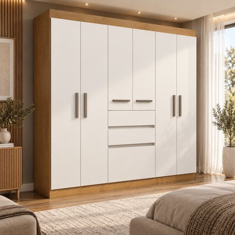 Guarda-Roupa Casal 7 Portas 2 Gavetas Berna Yescasa Cinamomo/Off White