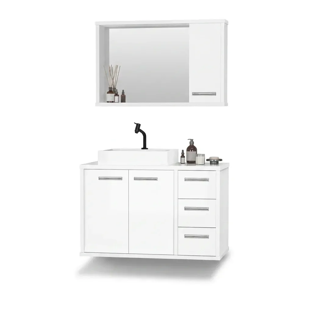 Ver imagem 2 de Gabinete para Banheiro com Cuba de Sobrepor e Espelheira 80cm Turin Branco