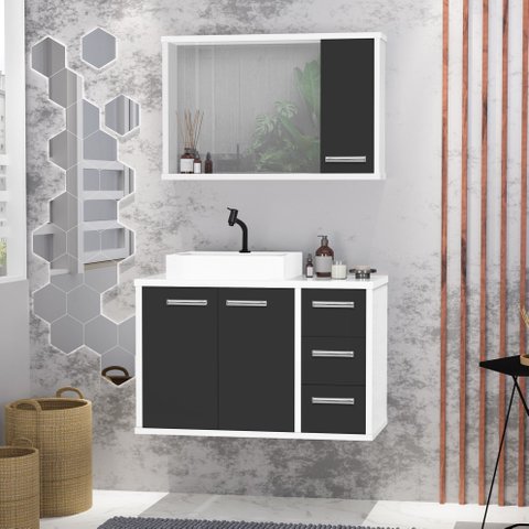 Gabinete para Banheiro com Cuba de Sobrepor e Espelheira 80cm Turin Branco/Preto