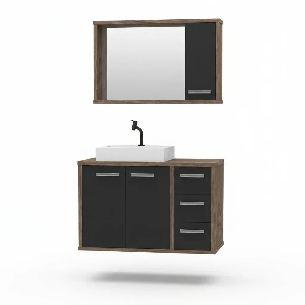 Ver imagem 2 de Gabinete para Banheiro com Cuba de Sobrepor e Espelheira 80cm Turin Preto/Avelato