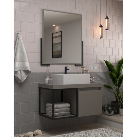 Conjunto Balcão para Banheiro com Espelheira Miami 80 Cinza/Cimento