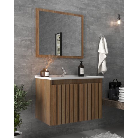 Conjunto Gabinete para Banheiro com Espelheira Barra 60 Marrom/Noce