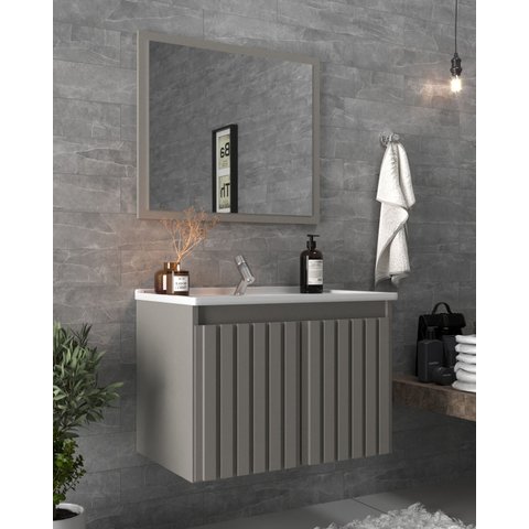 Conjunto Gabinete para Banheiro com Espelheira Barra 60 Cinza/Cimento