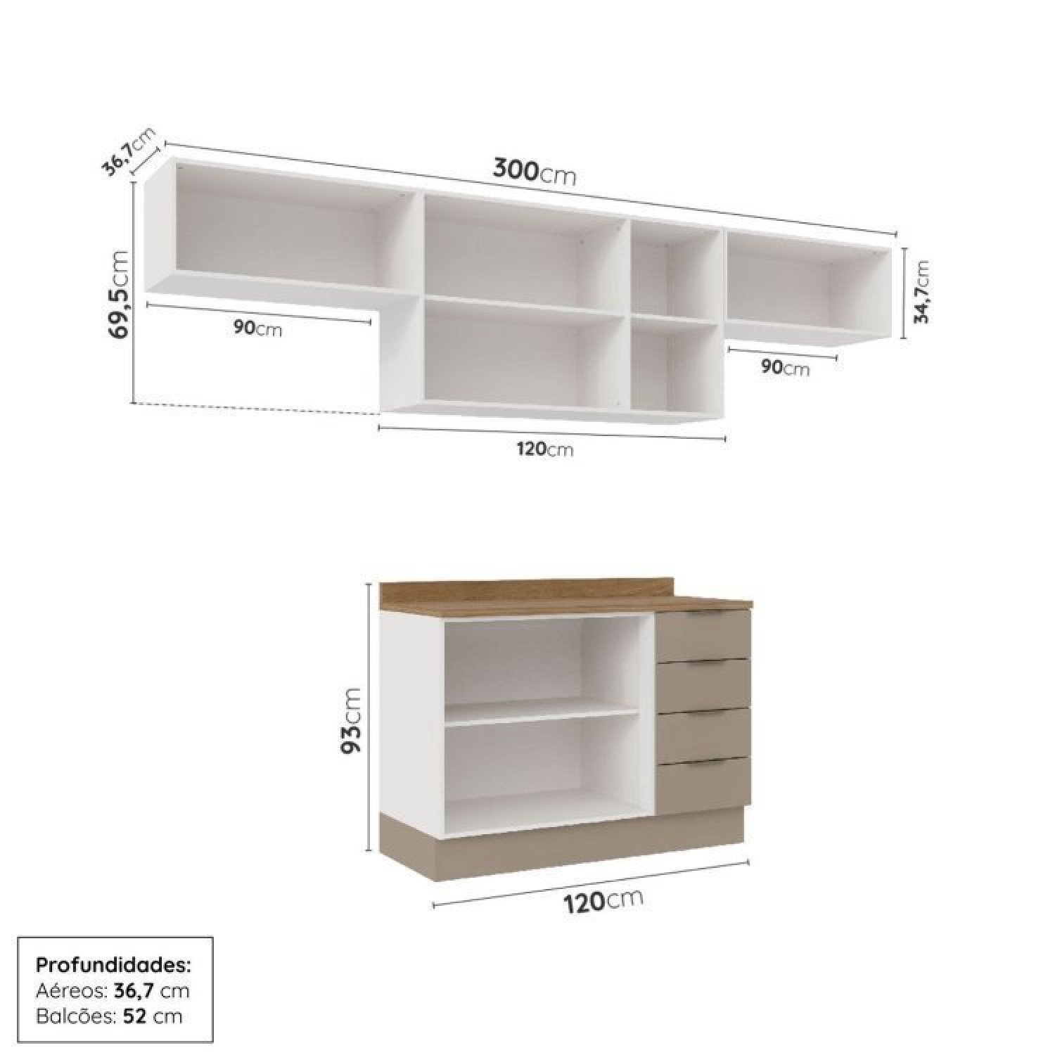 Cozinha Modulada 4 Peças com Tampo e Rodapé 3 Aéreos e 1 Balcão Ipanema Cabecasa Madeiramadeira - 3