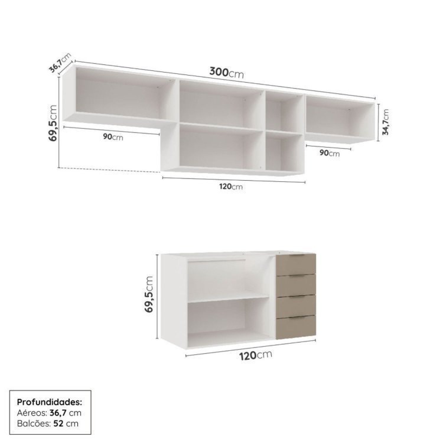 Cozinha Modulada 4 Peças sem Tampo sem Rodapé 3 Aéreos e 1 Balcão Ipanema Cabecasa Madeiramadeira - 3