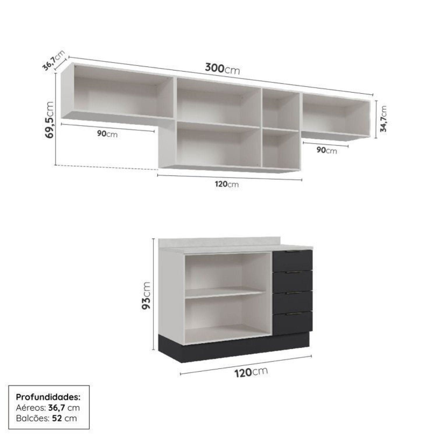 Cozinha Modulada 4 Peças com Tampo e Rodapé 3 Aéreos e 1 Balcão Ipanema Cabecasa Madeiramadeira - 3