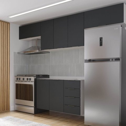 Cozinha Modulada 4 Peças sem Tampo sem Rodapé 3 Aéreos e 1 Balcão Ipanema CabeCasa MadeiraOriginals Cinza/Grafite Trama