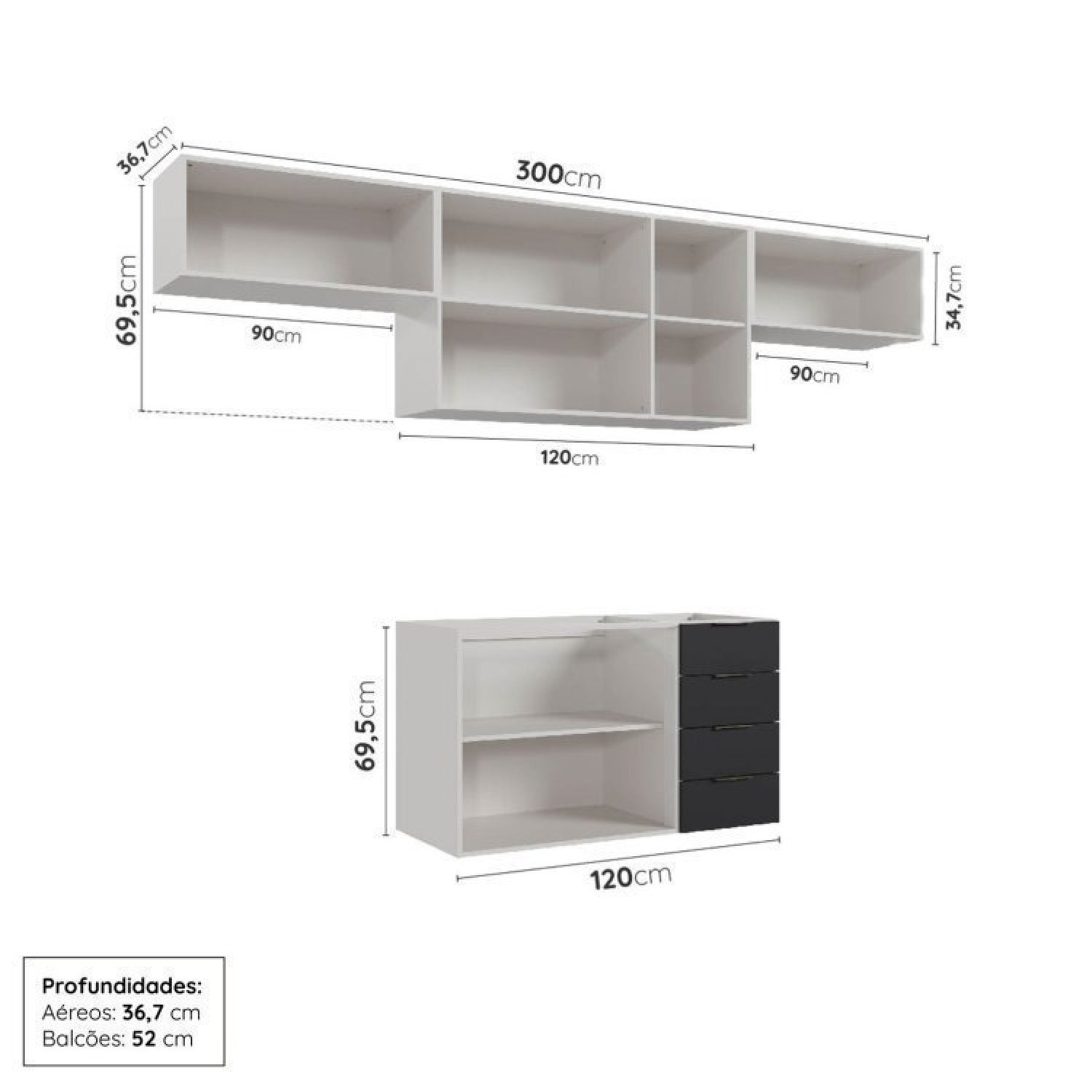 Cozinha Modulada 4 Peças sem Tampo sem Rodapé 3 Aéreos e 1 Balcão Ipanema Cabecasa Madeiramadeira - 4