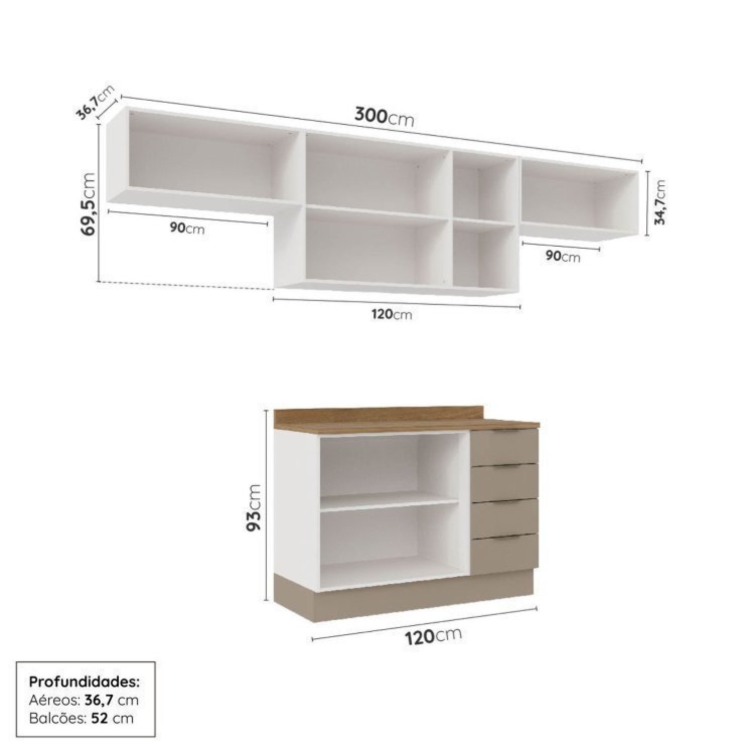 Cozinha Modulada 4 Peças com Tampo e Rodapé 3 Aéreos e 1 Balcão Ipanema Cabecasa Madeiramadeira - 4