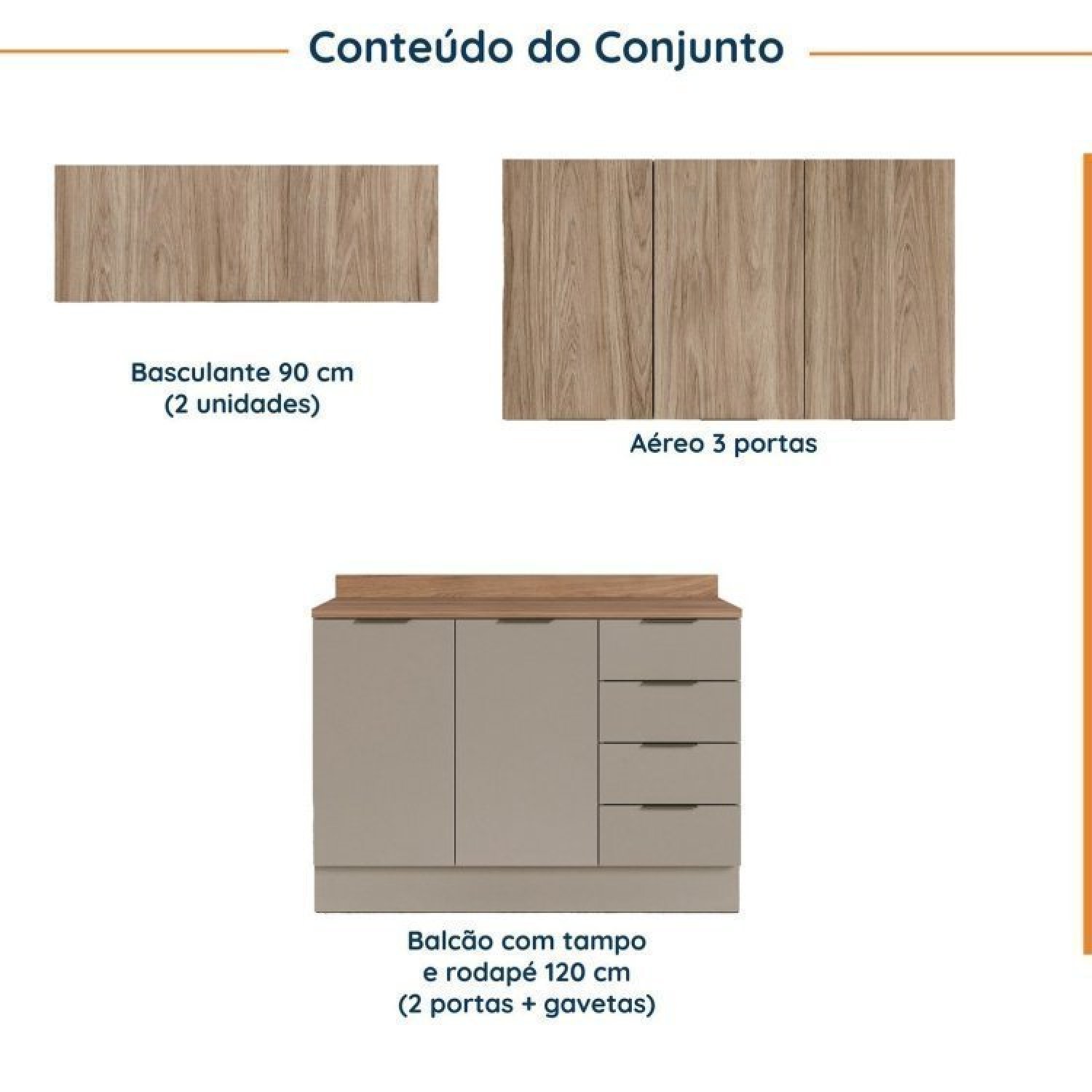 Cozinha Modulada 4 Peças com Tampo e Rodapé 3 Aéreos e 1 Balcão Ipanema Cabecasa Madeiramadeira - 3