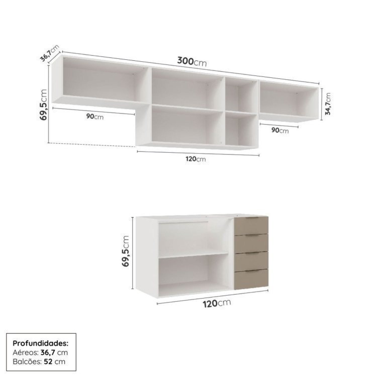 Cozinha Modulada 4 Peças sem Tampo sem Rodapé 3 Aéreos e 1 Balcão Ipanema Cabecasa Madeiramadeira - 4