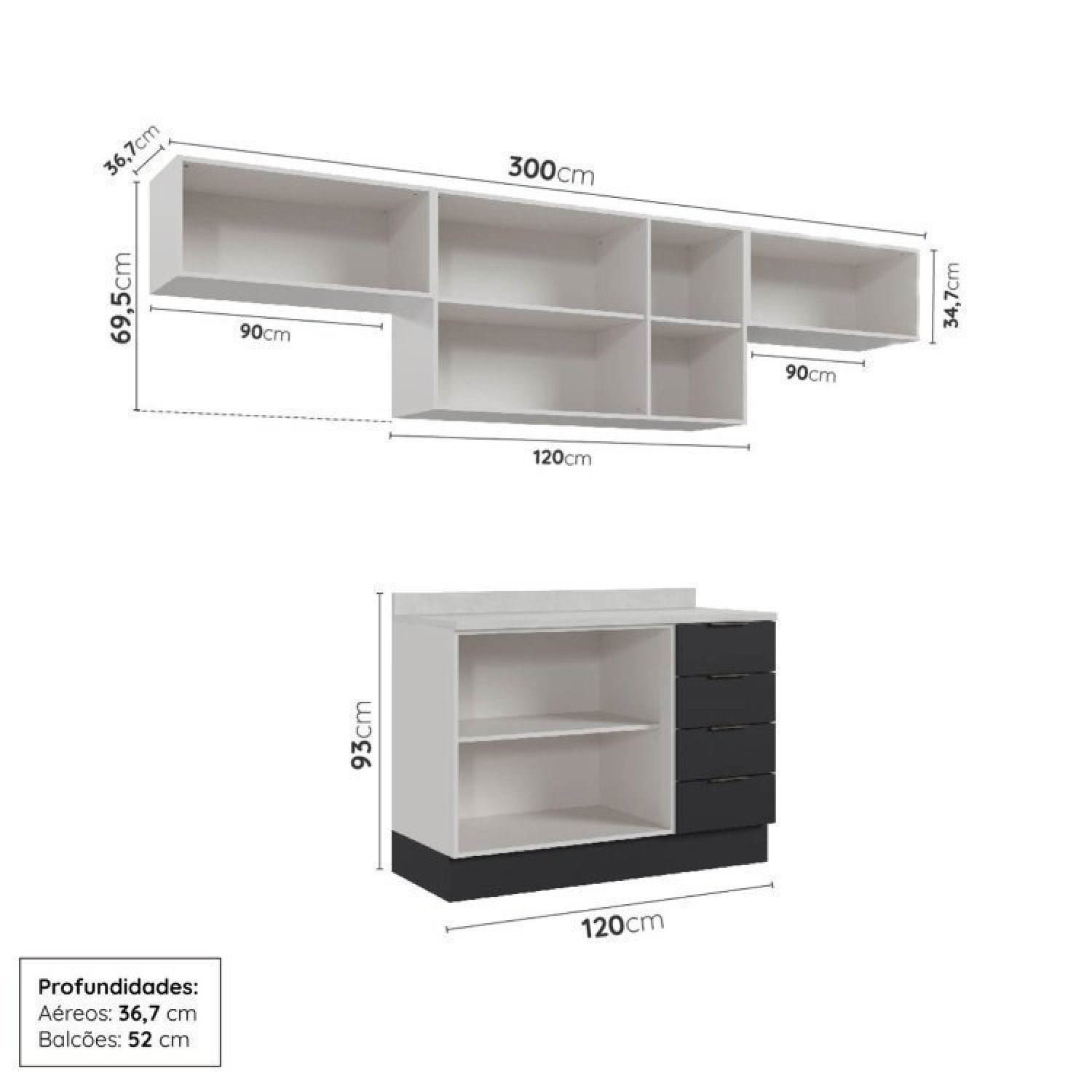 Cozinha Modulada 4 Peças com Tampo e Rodapé 3 Aéreos e 1 Balcão Ipanema Cabecasa Madeiramadeira - 4