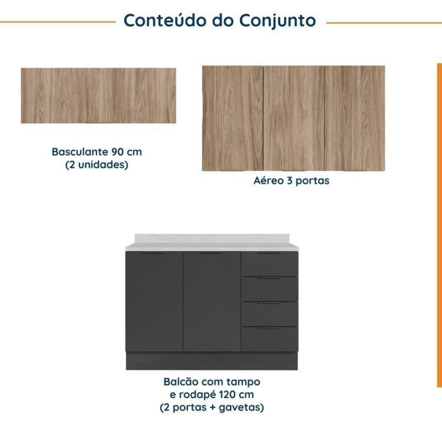 Cozinha Modulada 4 Peças com Tampo e Rodapé 3 Aéreos e 1 Balcão Ipanema Cabecasa Madeiramadeira - 3