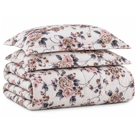 Kit Edredom Cobertor Zurique King Dupla Face Micropercal Estampado 400 Fios 3 Peças Flor Bege