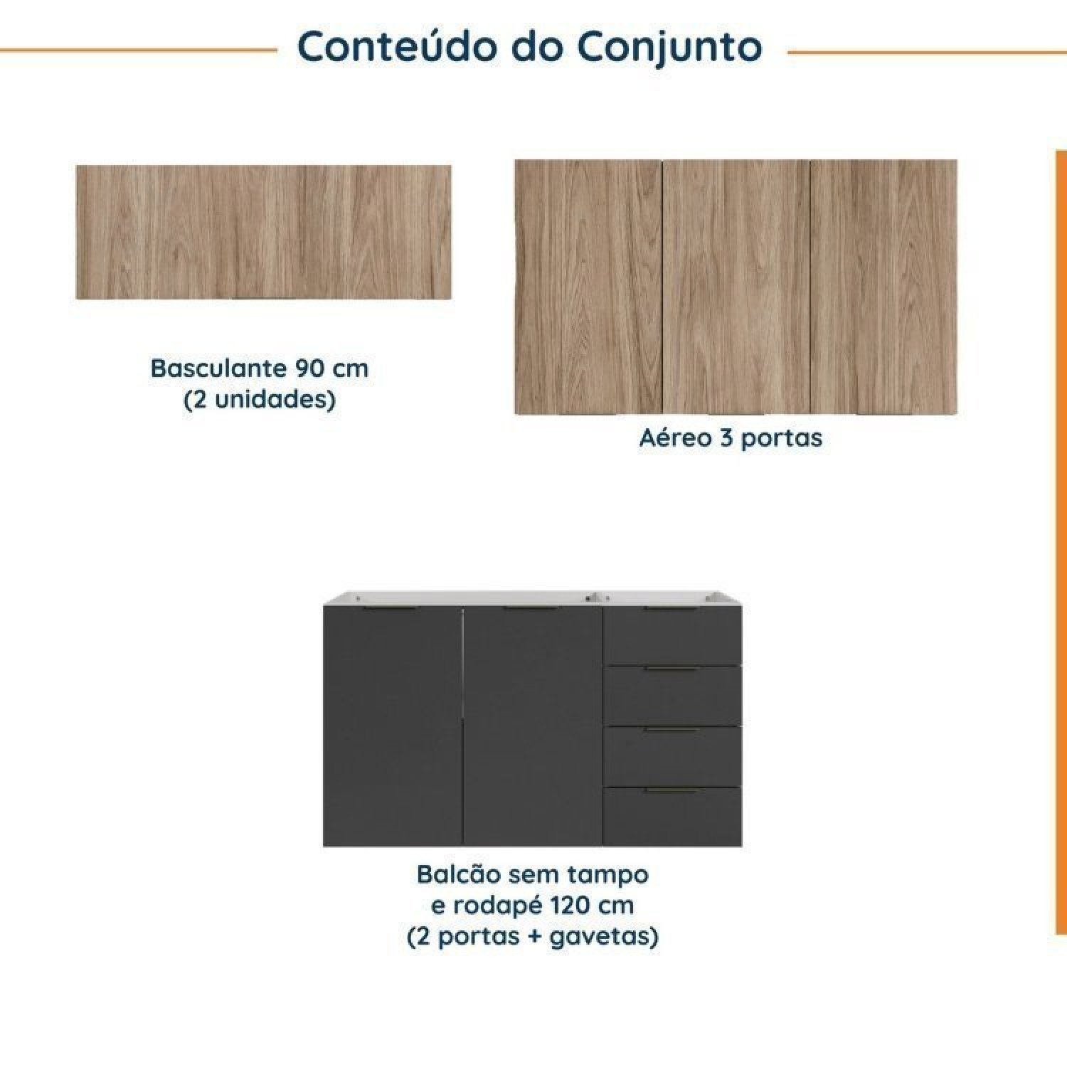 Cozinha Modulada 4 Peças sem Tampo sem Rodapé 3 Aéreos e 1 Balcão Ipanema Cabecasa Madeiramadeira - 3