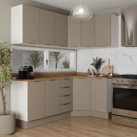 Cozinha Planejada 6 Peças com Tampo e Rodapé 3 Aéreos e 3 Balcões Ipanema CabeCasa MadeiraOriginals Marrom/Fendi Trama