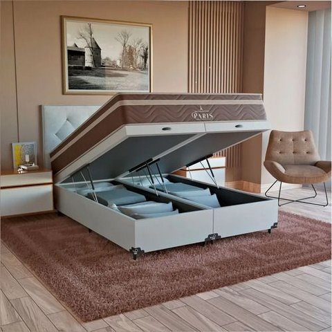Cama Box Baú Queen + Colchão Paris Molas Ensacadas Marrom Couro Branco/marrom