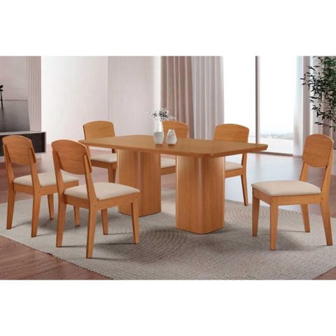 Conjunto: Mesa Sala Jantar Maldivas C/ Tampo Madeirado Canto Curvo 180x90cm e 6 Cadeiras Havana