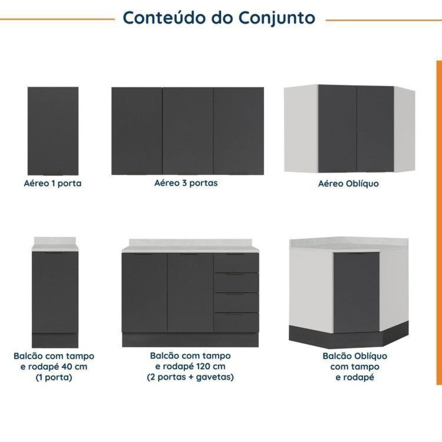 Cozinha Modulada 6 Peças com Tampo e Rodapé 3 Aéreos e 3 Balcões Ipanema Cabecasa Madeiramadeira - 3