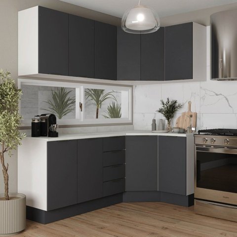Cozinha Modulada 6 Peças com Tampo e Rodapé 3 Aéreos e 3 Balcões Ipanema CabeCasa MadeiraOriginals Cinza/Grafite Trama