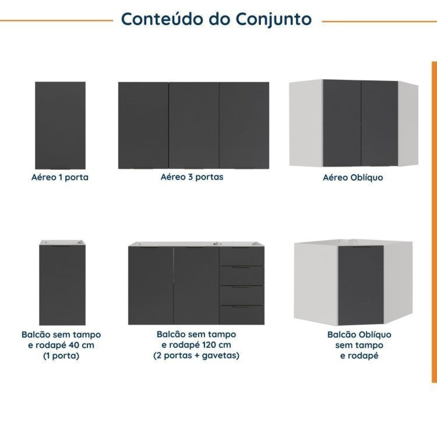 Cozinha Modulada 6 Peças sem Tampo sem Rodapé 3 Aéreos e 3 Balcões Ipanema Cabecasa Madeiramadeira - 3