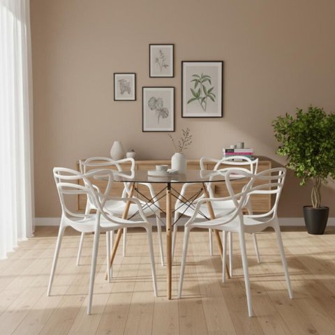 Conjunto Mesa Eames Vidro 90cm + 4 Cadeiras Allegra Seat&co