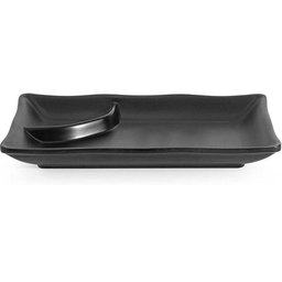 2 Pratos para Sushi com Porta Shoyu 19x12cm Melamina Preta Retangular Comida Japonesa - 6 2 Pratos para Sushi com Porta Shoyu 19x12cm Melamina Preta Retangular Comida Japonesa - 6