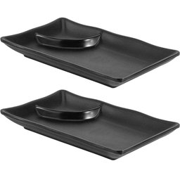 2 Pratos para Sushi com Porta Shoyu 19x12cm Melamina Preta Retangular Comida Japonesa - 1 2 Pratos para Sushi com Porta Shoyu 19x12cm Melamina Preta Retangular Comida Japonesa - 1