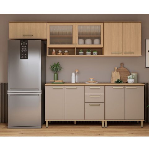 Cozinha Compacta 100 Mdf 5 Peças com Tampo e Vidro Canelado 280cm Duna Luciane Móveis