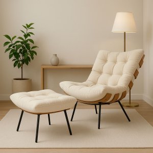 Poltrona Moderna Costela com Puff Apoio para Pés em Suede:bege