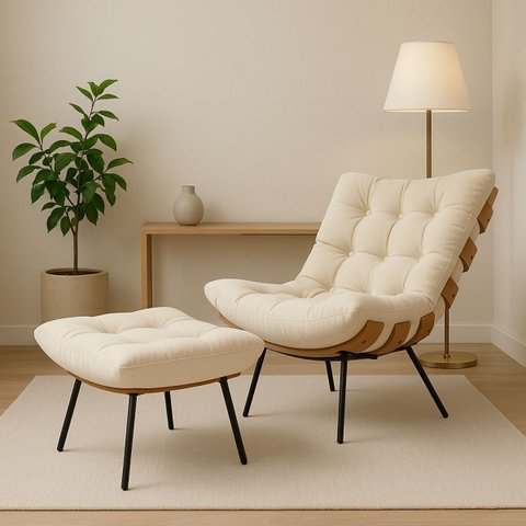 Poltrona Moderna Costela com Puff Apoio para Pés em Suede:bege