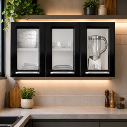 Armário Aéreo de Cozinha 3 Portas com Vidro