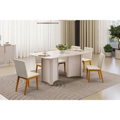 Sala de Jantar Completa Liz C/ Tampo Madeirado C/ Vidro Curvo 180x100cm e 6 Cadeiras Sofia Off White