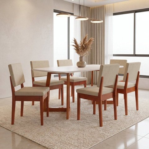 Conjunto Sala de Jantar Madeira Maciça 6 Lugares Tampo sem Vidro Cadeira Miami