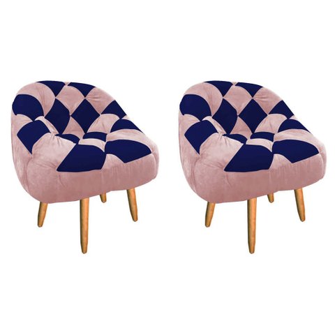 Kit 02 Poltrona Paloma Escritório Sala Pé Palito Suede Rosa Bebê e Suede Azul Marinho - Dominic Deco
