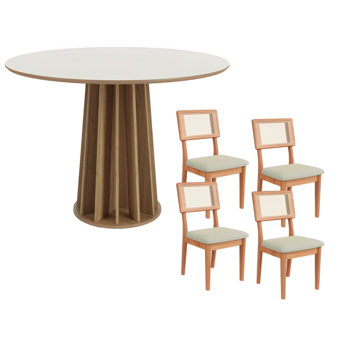 Conjunto de Jantar Mesa Redonda Mdf + 4 Cadeiras Tela Palha Cor:freijó com Off White e Cesare - 2