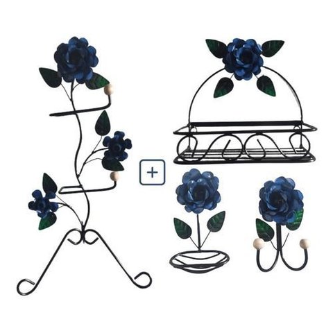 Kit para Banheiro 4 Peças em Ferro com Rosas:azul