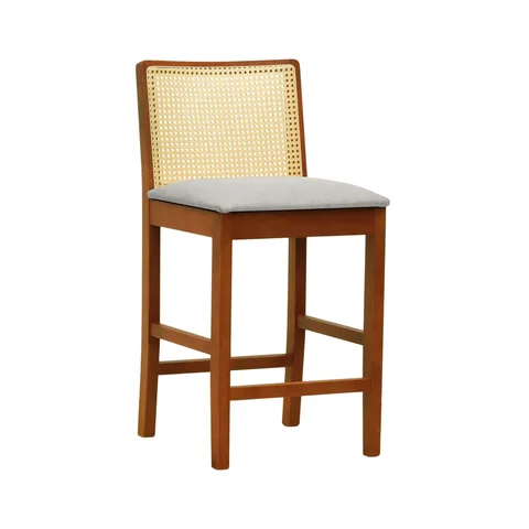 Banqueta Média Pérola Madeira Maciça Telinha C/ 62cm - Amêndoa - Assento Est. Linho Bege Mescla Imp.