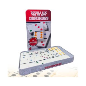 Jogo Domino Double 6 Color Dot 28 Peça Caixa de Lata 1 Linha