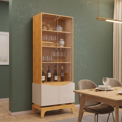 Cristaleira 4 Portas Vidro 100% MDF 74cm Joile Cedro/Off White