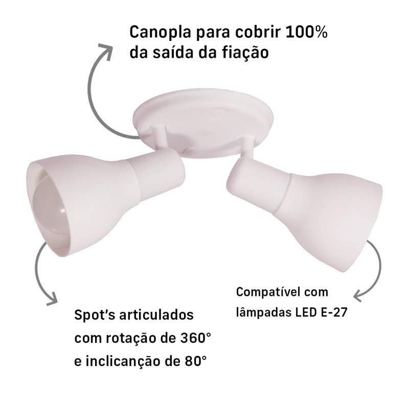 Luminária Spot de Sobrepor Duplo 2 Lâmpadas Direcionável E27 Cor:branco - 2