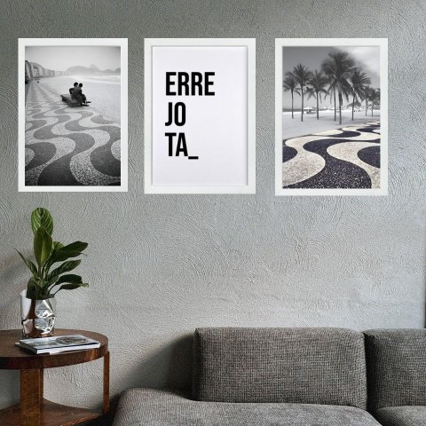 Kit 3 Quadros Rio de Janeiro Copacabana - Errejota 24x18cm - com Vidro:moldura Branca