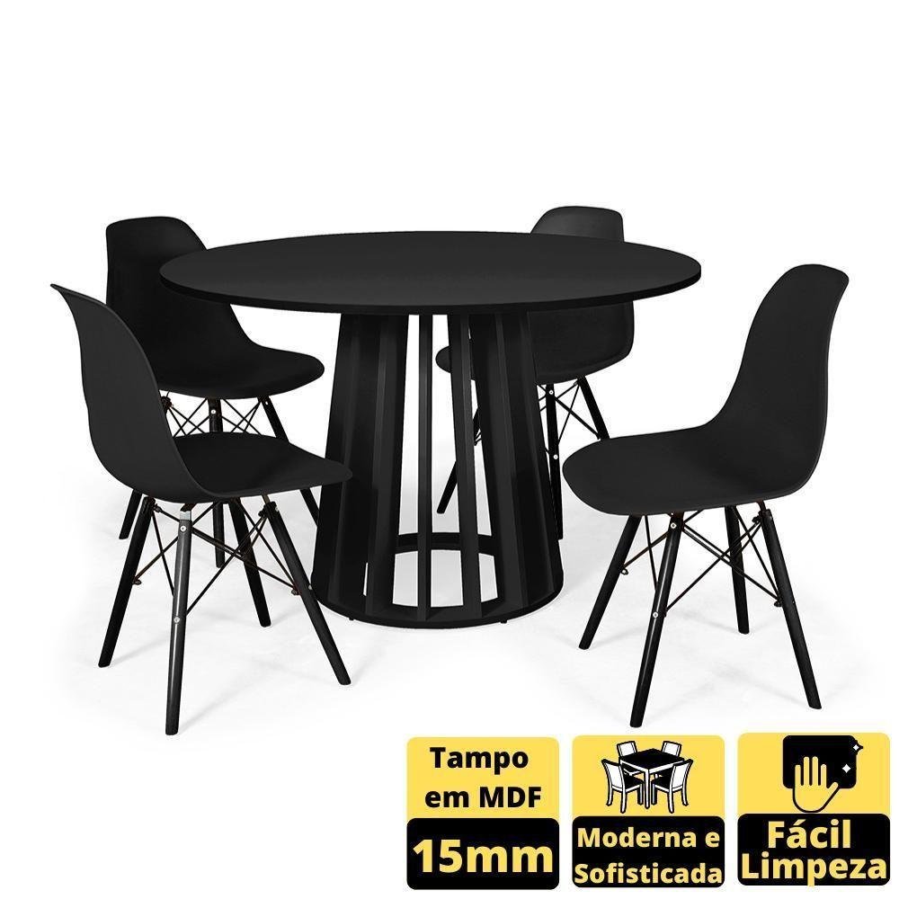 Conjunto Mesa 120cm Preta Com 4 Cadeiras Base Preta - Preto - 8