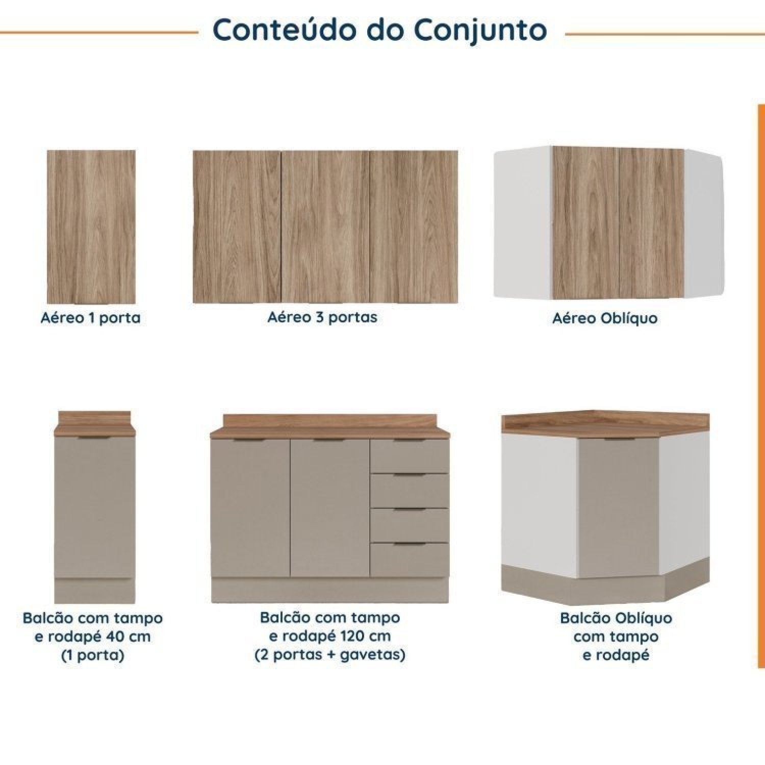 Cozinha Modulada 6 Peças com Tampo e Rodapé 3 Aéreos e 3 Balcões Ipanema Cabecasa Madeiramadeira - 3