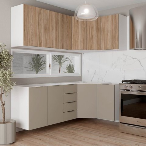 Cozinha Planejada 6 Peças sem Tampo sem Rodapé 3 Aéreos e 3 Balcões Ipanema CabeCasa MadeiraOriginals Marrom/Fendi Trama/Acácia