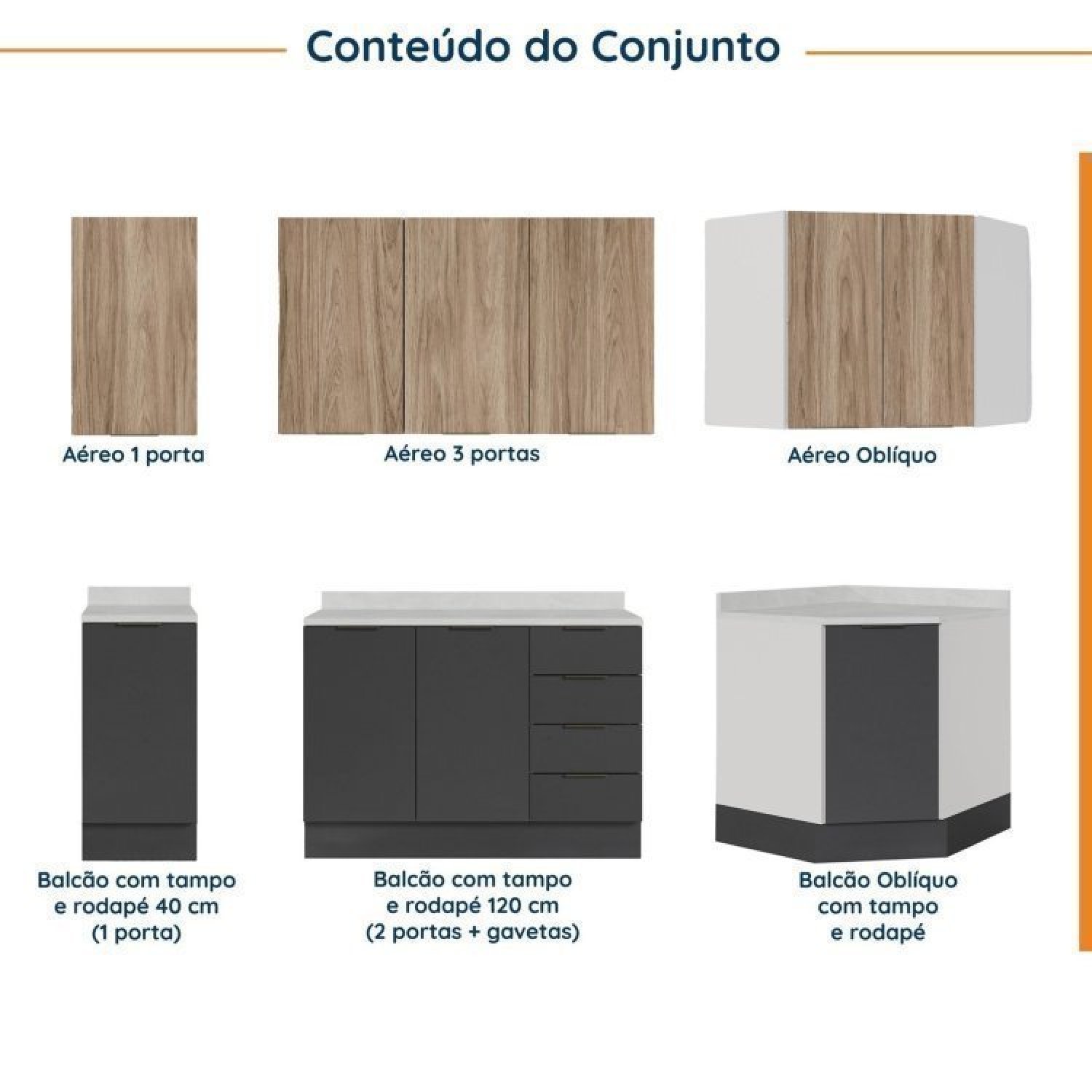 Cozinha Modulada 6 Peças com Tampo e Rodapé 3 Aéreos e 3 Balcões Ipanema Cabecasa Madeiramadeira - 3